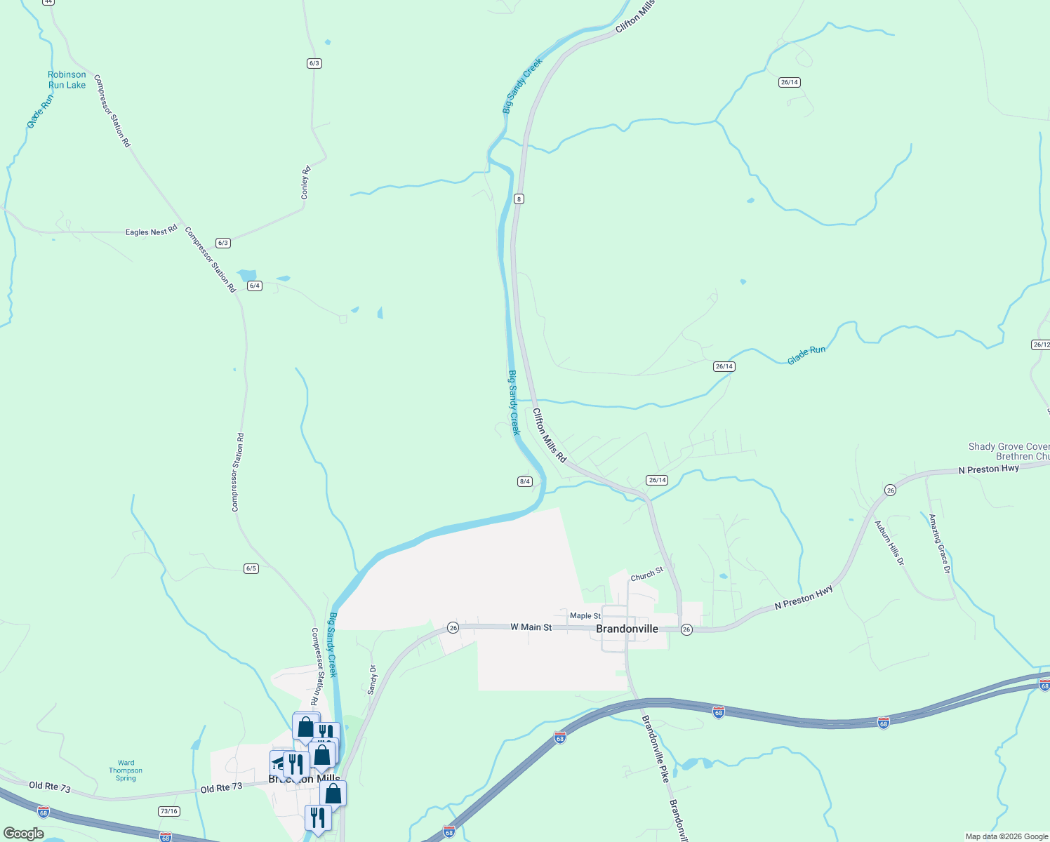 map of restaurants, bars, coffee shops, grocery stores, and more near 223 Palmer Dr in Bruceton Mills