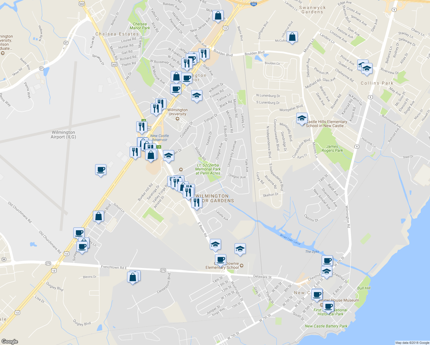map of restaurants, bars, coffee shops, grocery stores, and more near 338 Oregon Avenue in Wilmington Manor