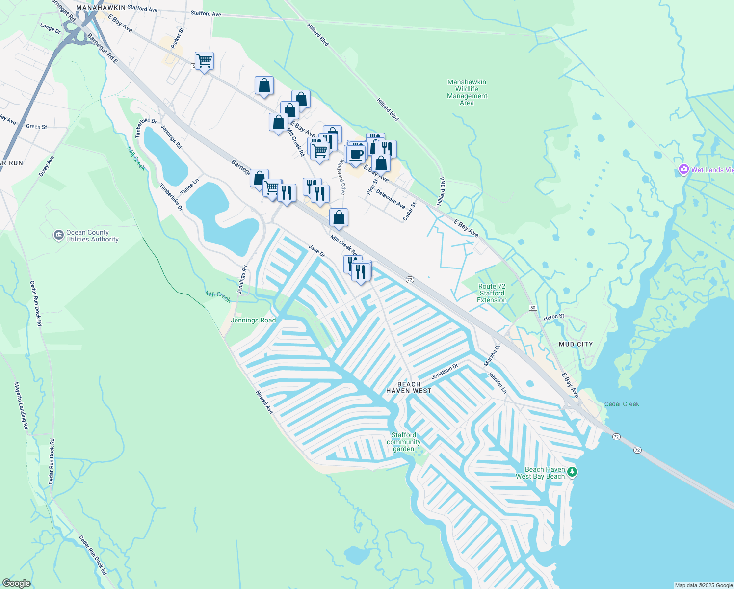 map of restaurants, bars, coffee shops, grocery stores, and more near 11 Charles Boulevard in Manahawkin