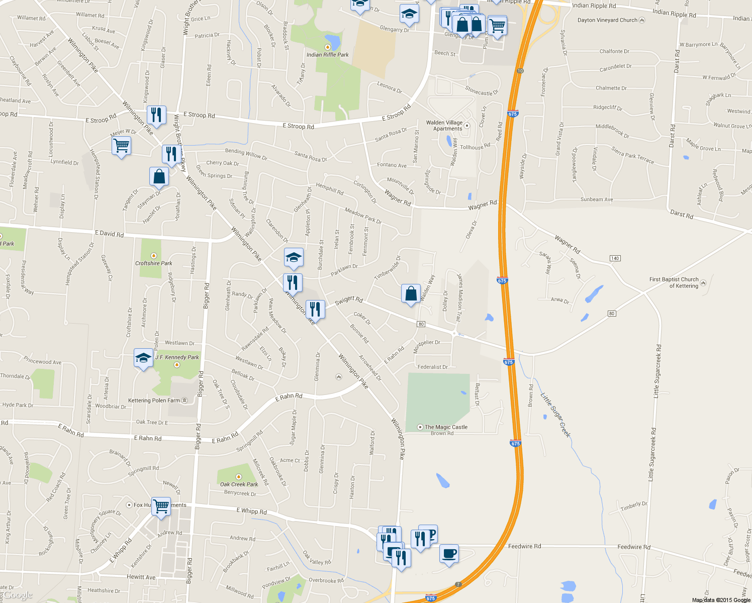 map of restaurants, bars, coffee shops, grocery stores, and more near 3001 Swigart Rd in Dayton