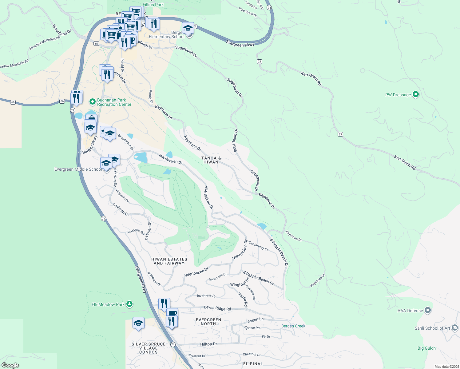map of restaurants, bars, coffee shops, grocery stores, and more near 2102 Cramner Court in Evergreen
