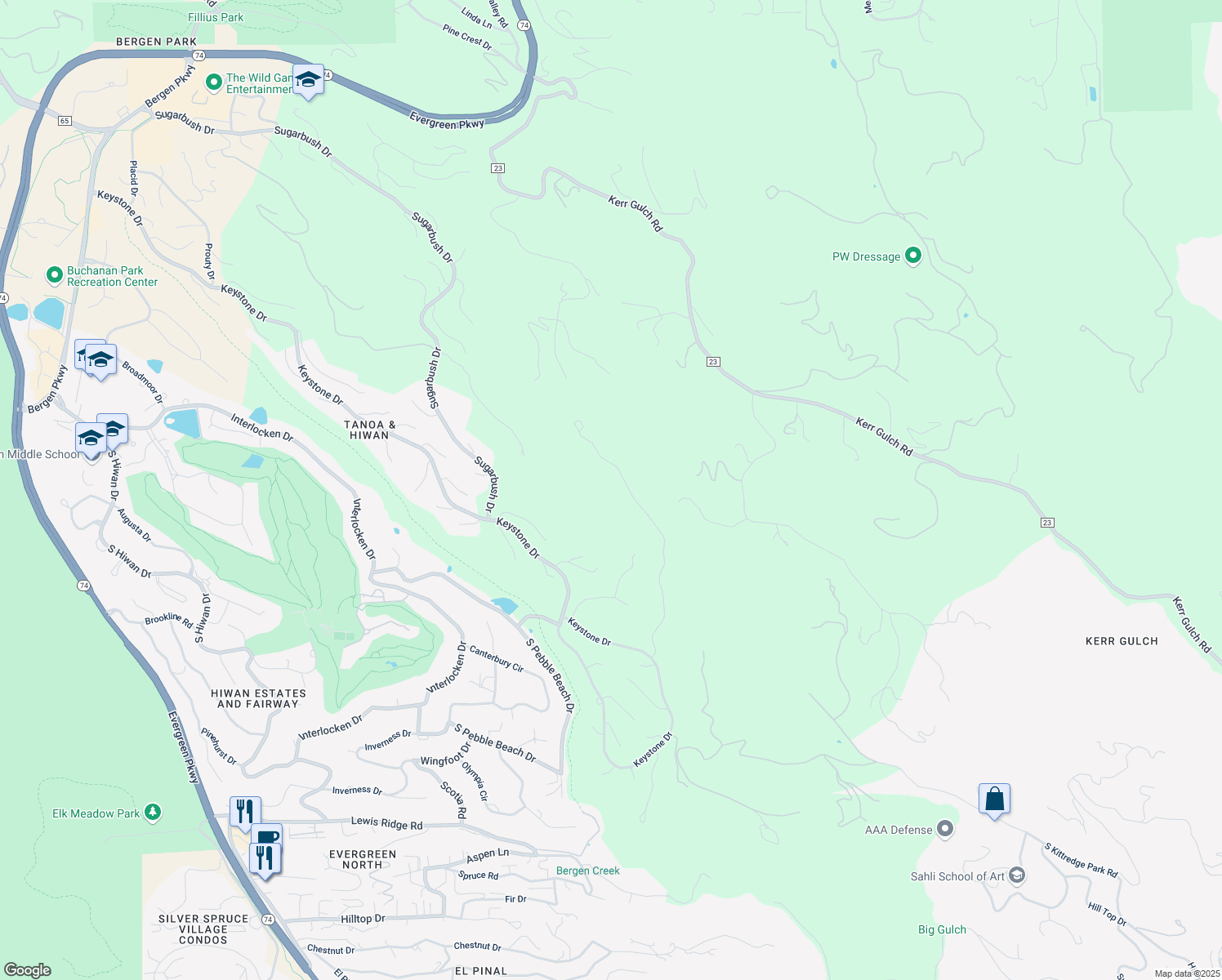 map of restaurants, bars, coffee shops, grocery stores, and more near 2131 Baldy Lane in Evergreen