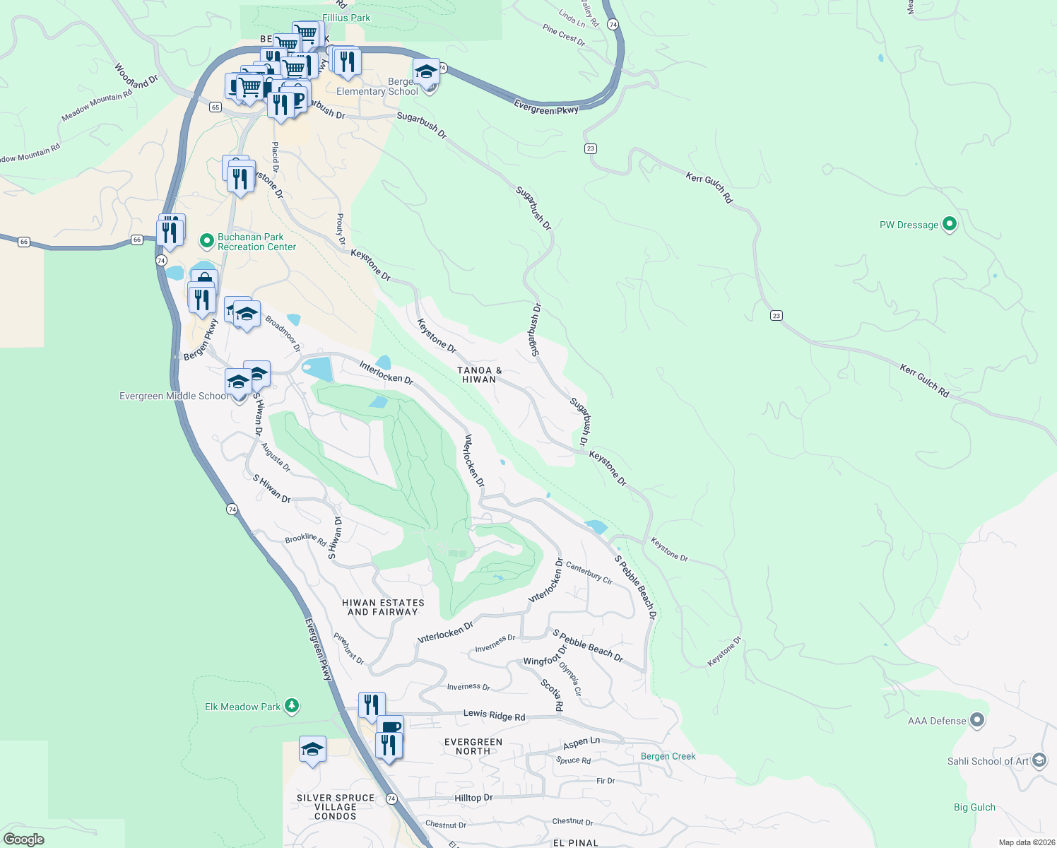 map of restaurants, bars, coffee shops, grocery stores, and more near 2102 Cramner Court in Evergreen