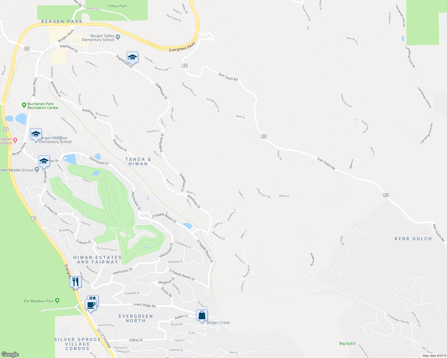 map of restaurants, bars, coffee shops, grocery stores, and more near 2131 Baldy Lane in Evergreen