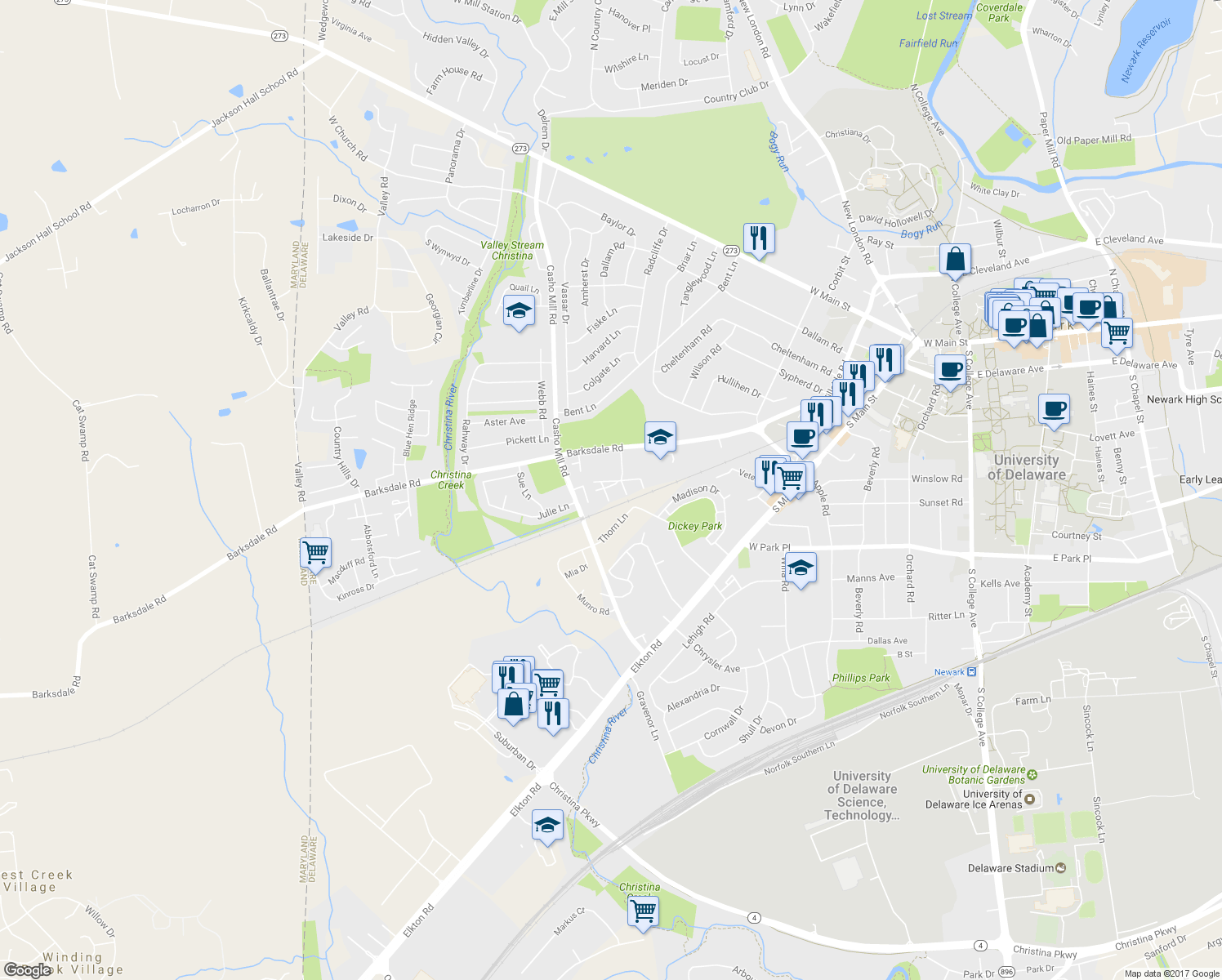 map of restaurants, bars, coffee shops, grocery stores, and more near 20 Patrick Henry Court in Newark