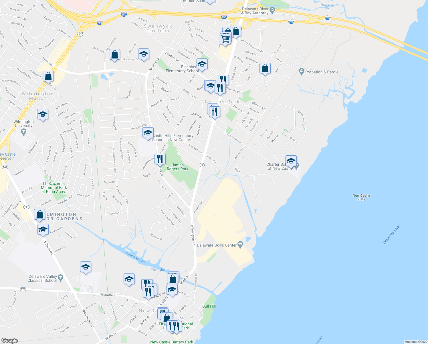 map of restaurants, bars, coffee shops, grocery stores, and more near 38 Booker Circle in New Castle