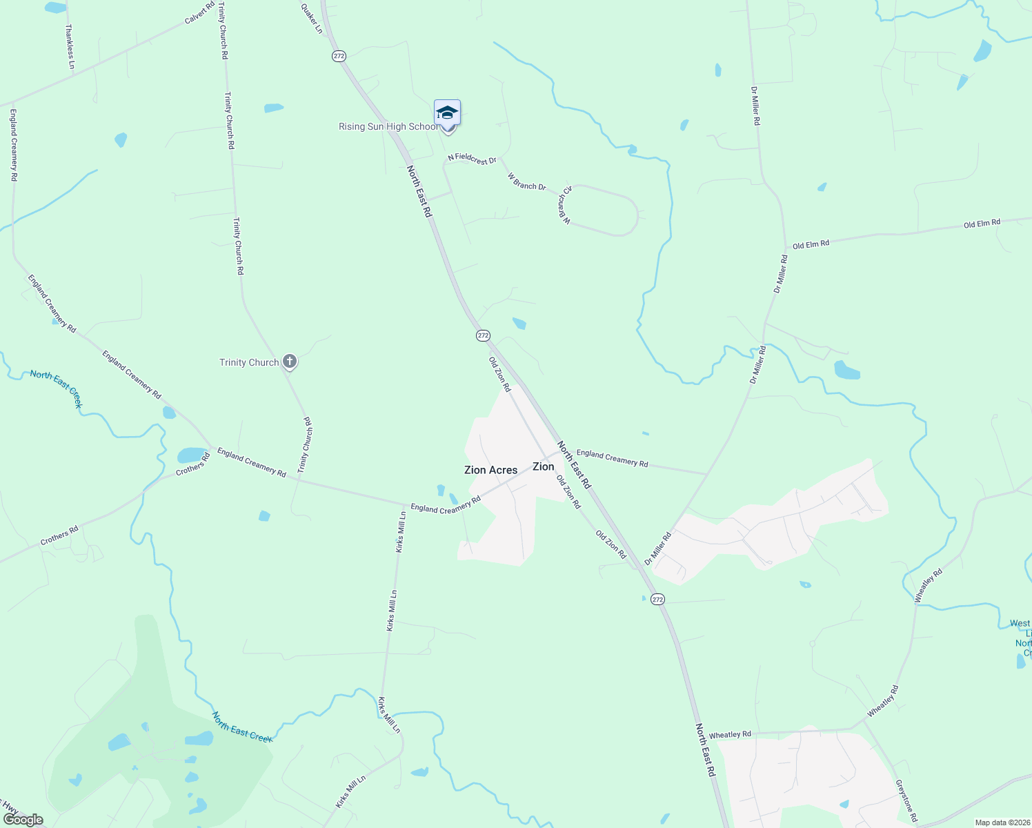 map of restaurants, bars, coffee shops, grocery stores, and more near 287 Old Zion Road in North East