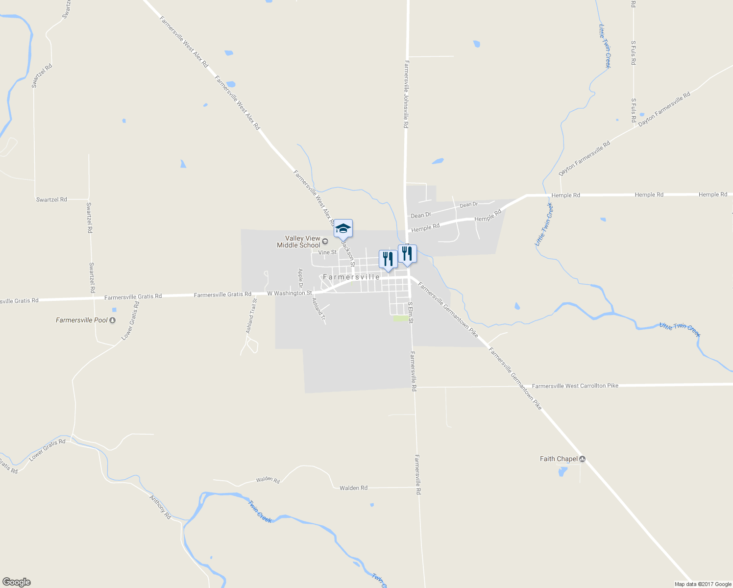 map of restaurants, bars, coffee shops, grocery stores, and more near 102 West Washington Street in Farmersville