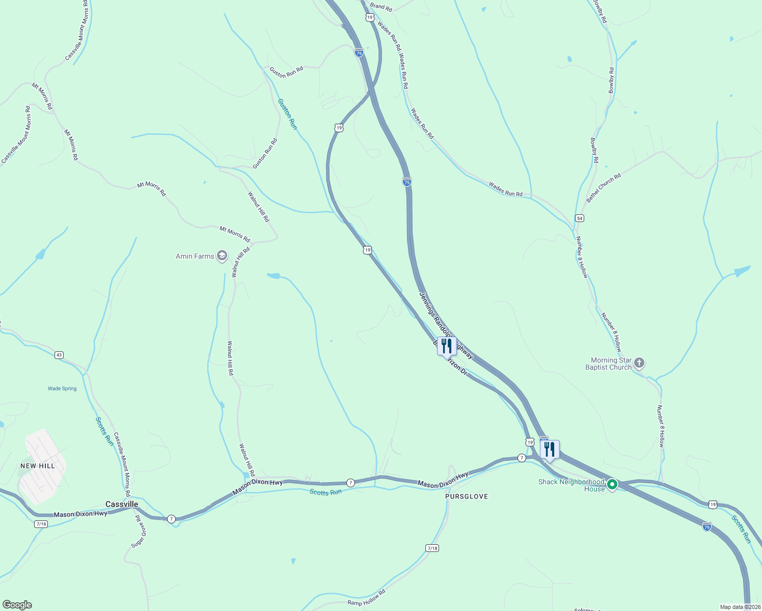 map of restaurants, bars, coffee shops, grocery stores, and more near 1107 Blue Horizon Drive in Morgantown