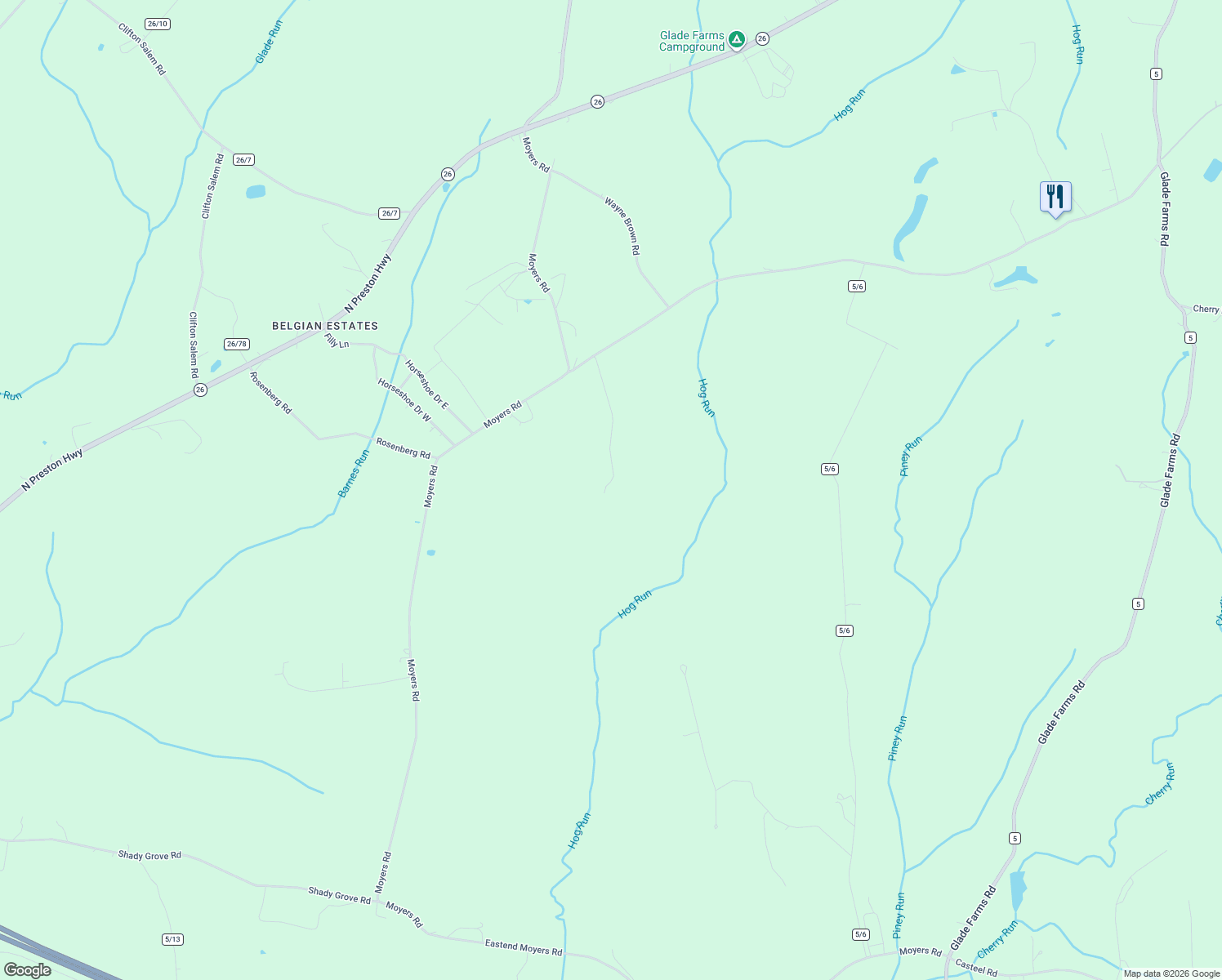 map of restaurants, bars, coffee shops, grocery stores, and more near 78 Moccasin Rocks Road in Bruceton Mills