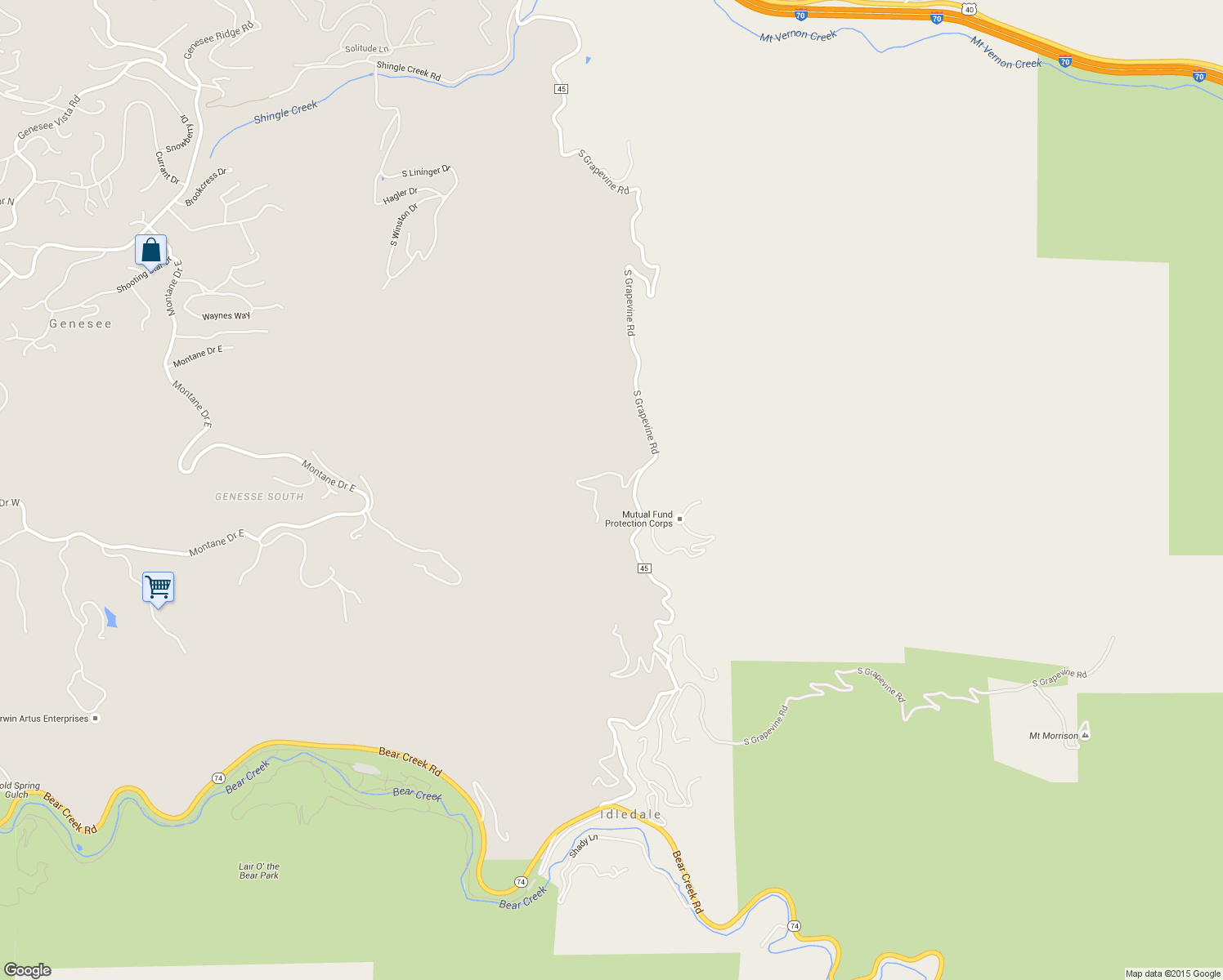 map of restaurants, bars, coffee shops, grocery stores, and more near 2085 S Grapevine Rd in Idledale