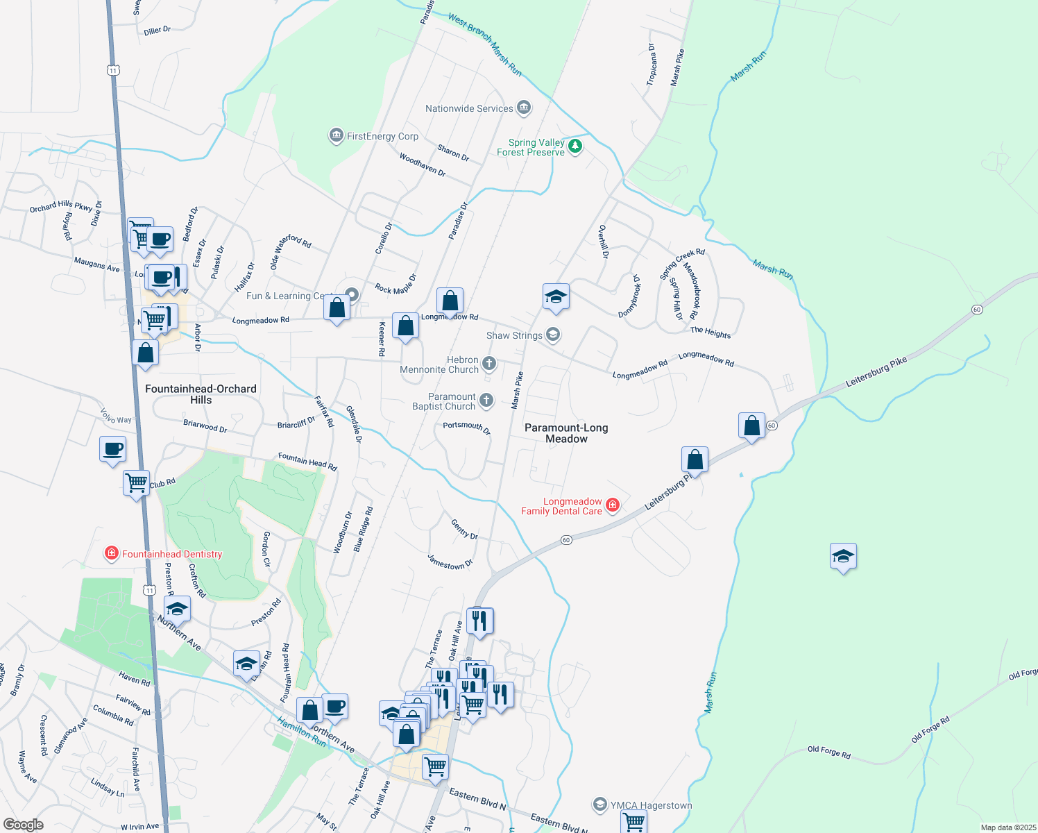 map of restaurants, bars, coffee shops, grocery stores, and more near 13336 Marquise Drive in Hagerstown
