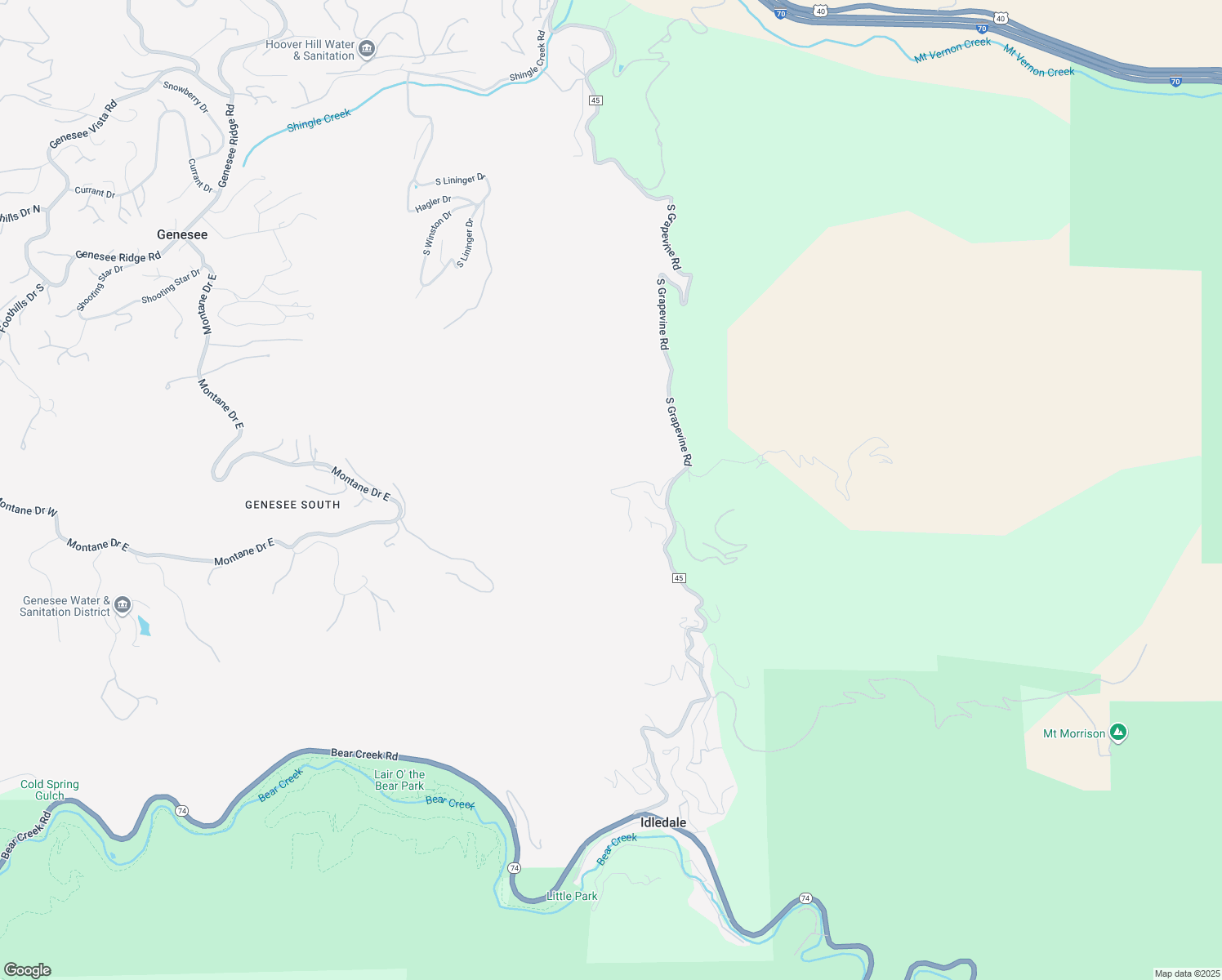 map of restaurants, bars, coffee shops, grocery stores, and more near 2085 South Grapevine Road in Idledale