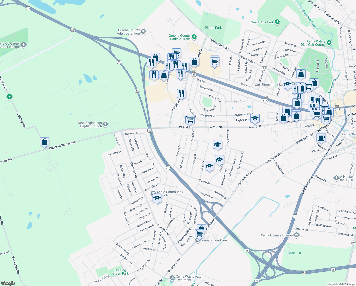 map of restaurants, bars, coffee shops, grocery stores, and more near 1458 Seneca Drive in Xenia