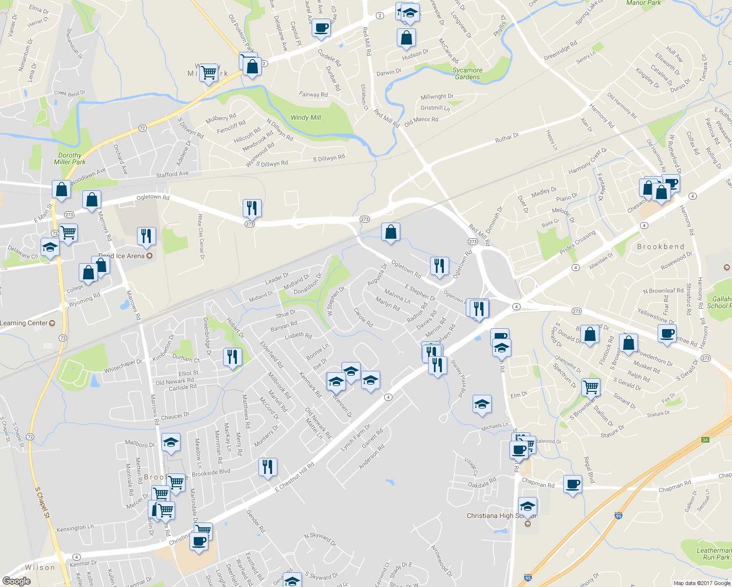 map of restaurants, bars, coffee shops, grocery stores, and more near 23 Augusta Drive in Newark