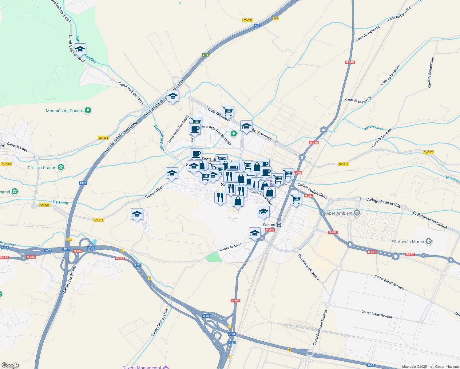 map of restaurants, bars, coffee shops, grocery stores, and more near in Sagunto
