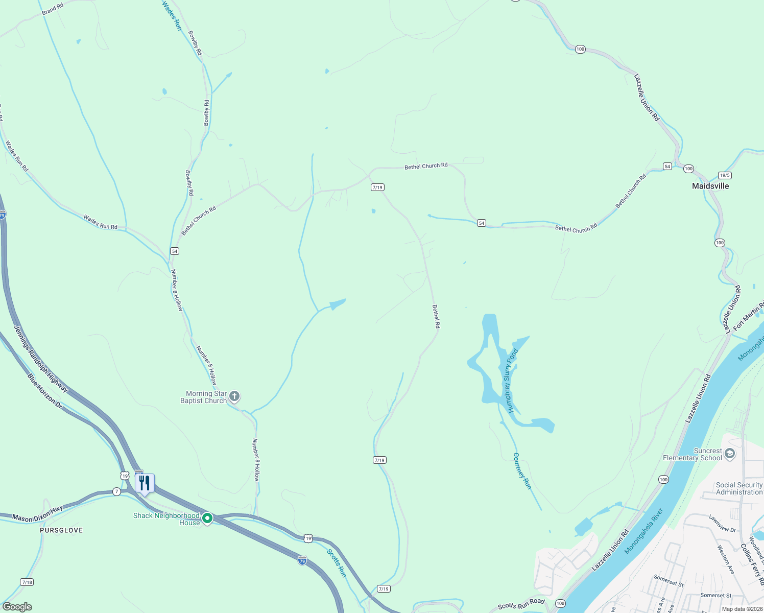 map of restaurants, bars, coffee shops, grocery stores, and more near 84 Cool Road in Morgantown