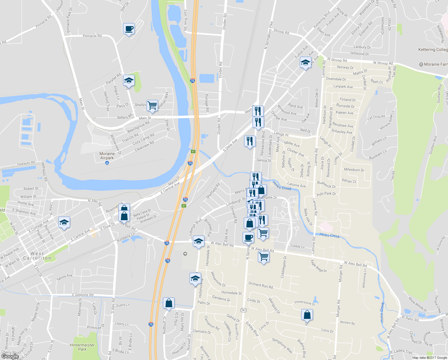 map of restaurants, bars, coffee shops, grocery stores, and more near 3234 Sheffield Road in Dayton