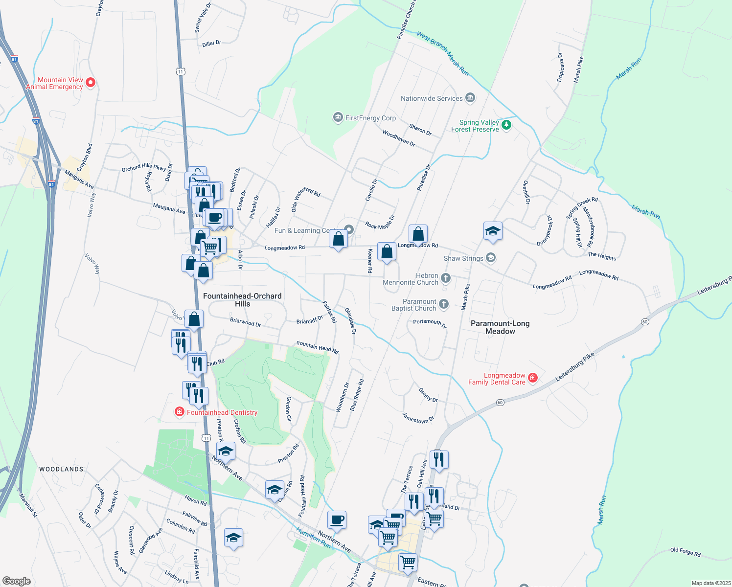 map of restaurants, bars, coffee shops, grocery stores, and more near 13336 Keener Rd in Hagerstown
