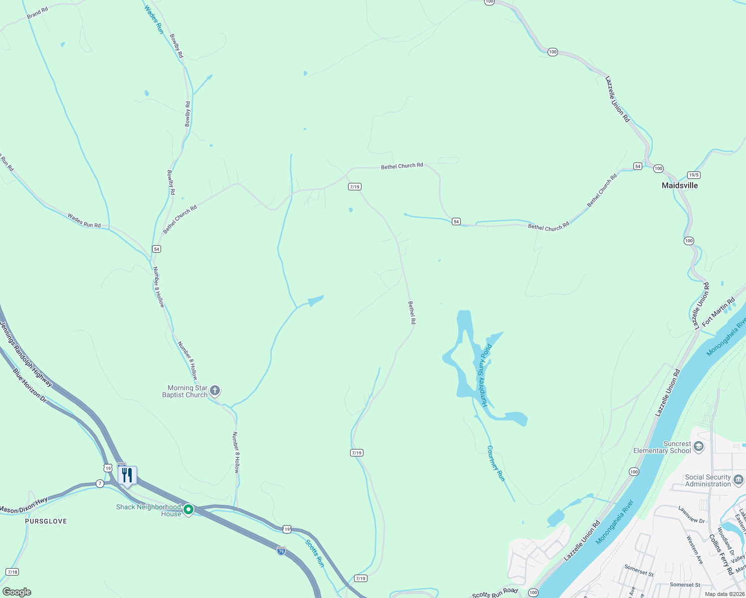 map of restaurants, bars, coffee shops, grocery stores, and more near 84 Cool Road in Morgantown