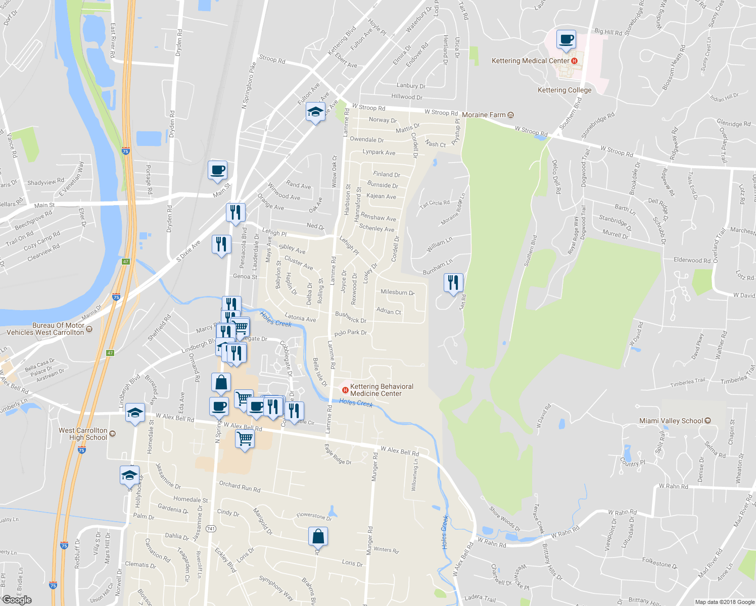 map of restaurants, bars, coffee shops, grocery stores, and more near 4888 Cordell Dr in Dayton