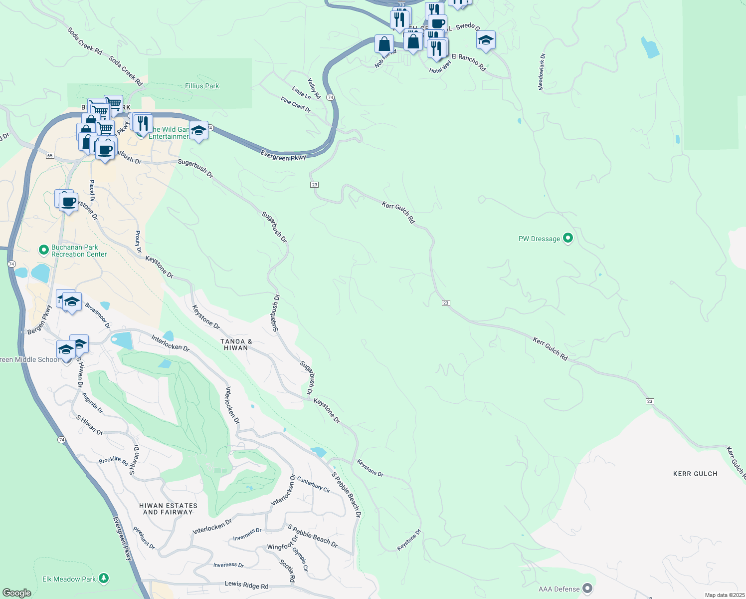 map of restaurants, bars, coffee shops, grocery stores, and more near 1734 Pinedale Ranch Circle in Evergreen