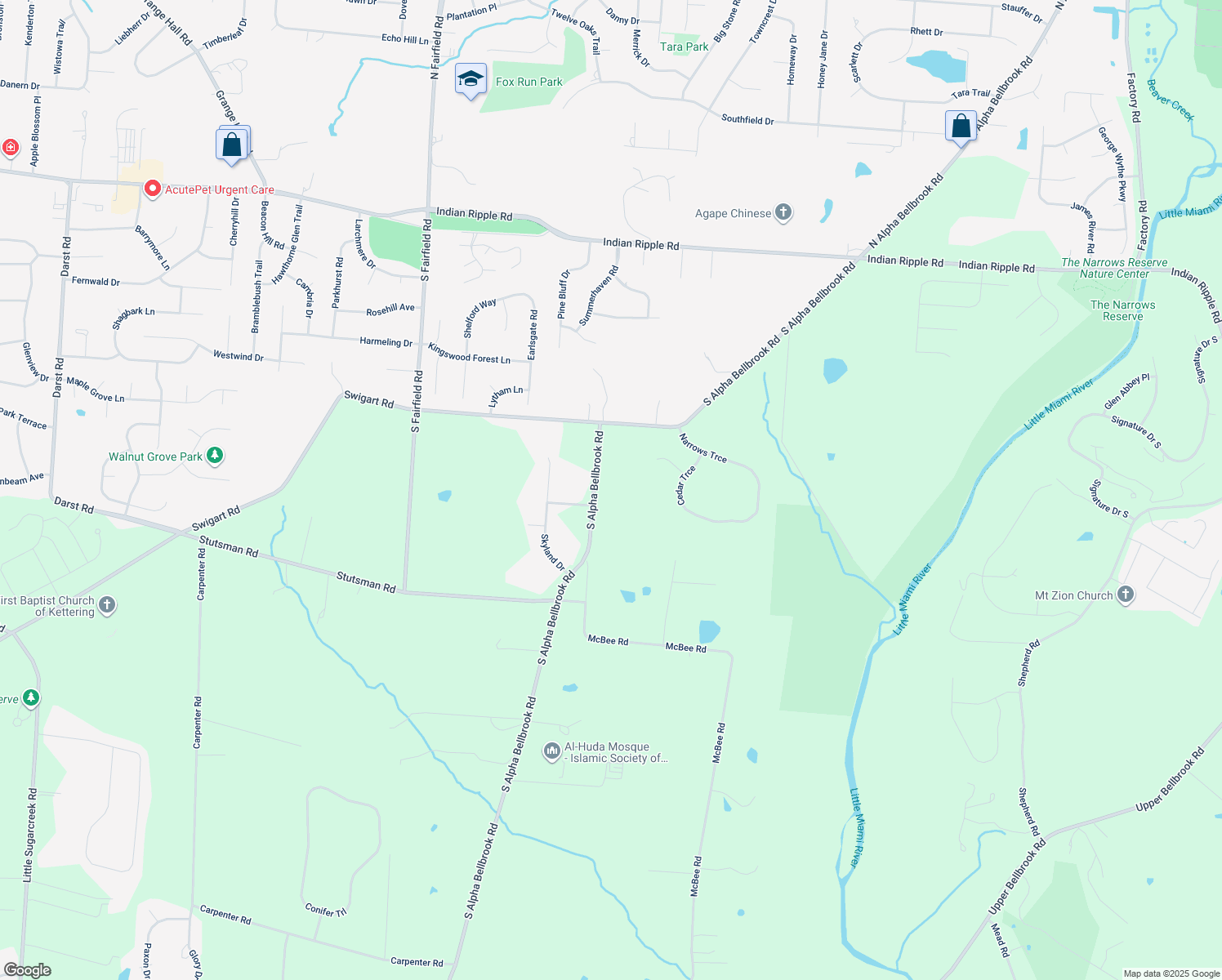 map of restaurants, bars, coffee shops, grocery stores, and more near 330 South Alpha Bellbrook Road in Bellbrook