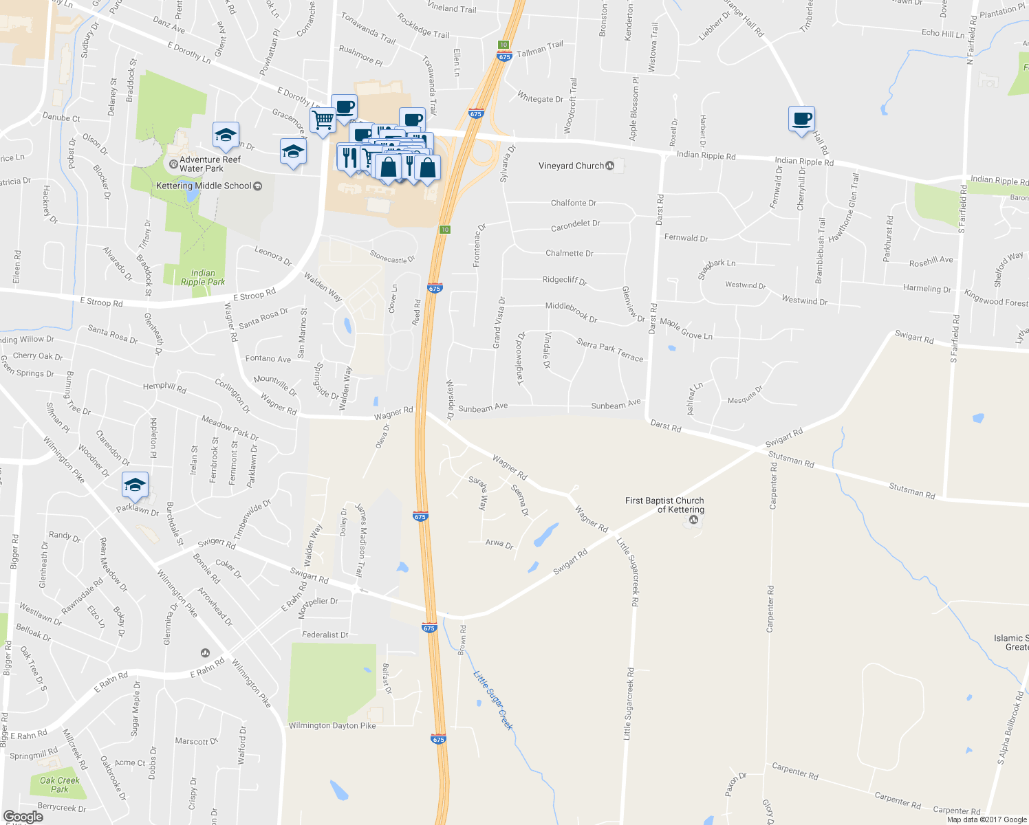 map of restaurants, bars, coffee shops, grocery stores, and more near 4231 Sunbeam Avenue in Dayton
