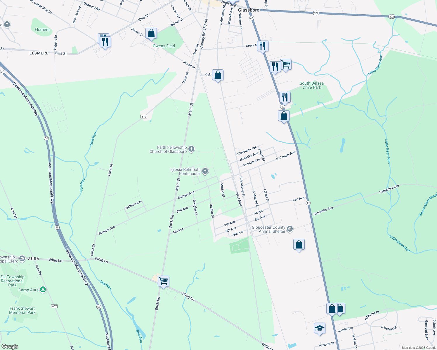 map of restaurants, bars, coffee shops, grocery stores, and more near 537 Marion St in Glassboro