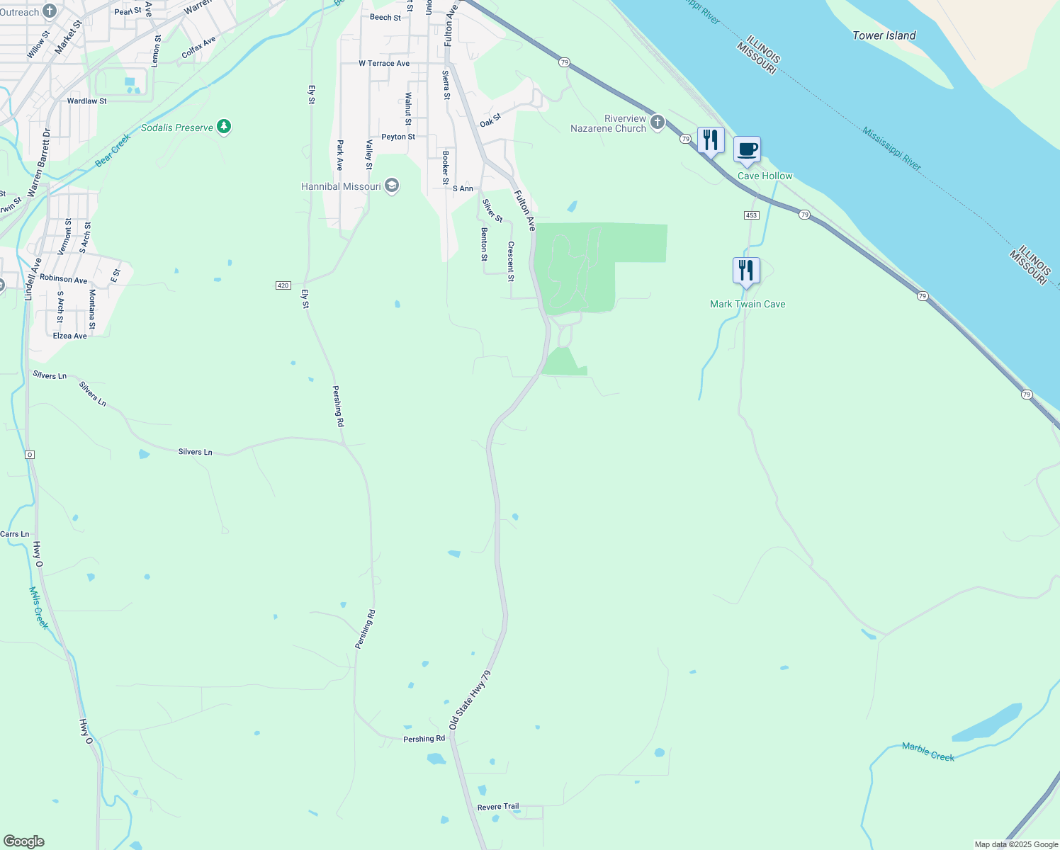 map of restaurants, bars, coffee shops, grocery stores, and more near 10132 Old 79 in Hannibal