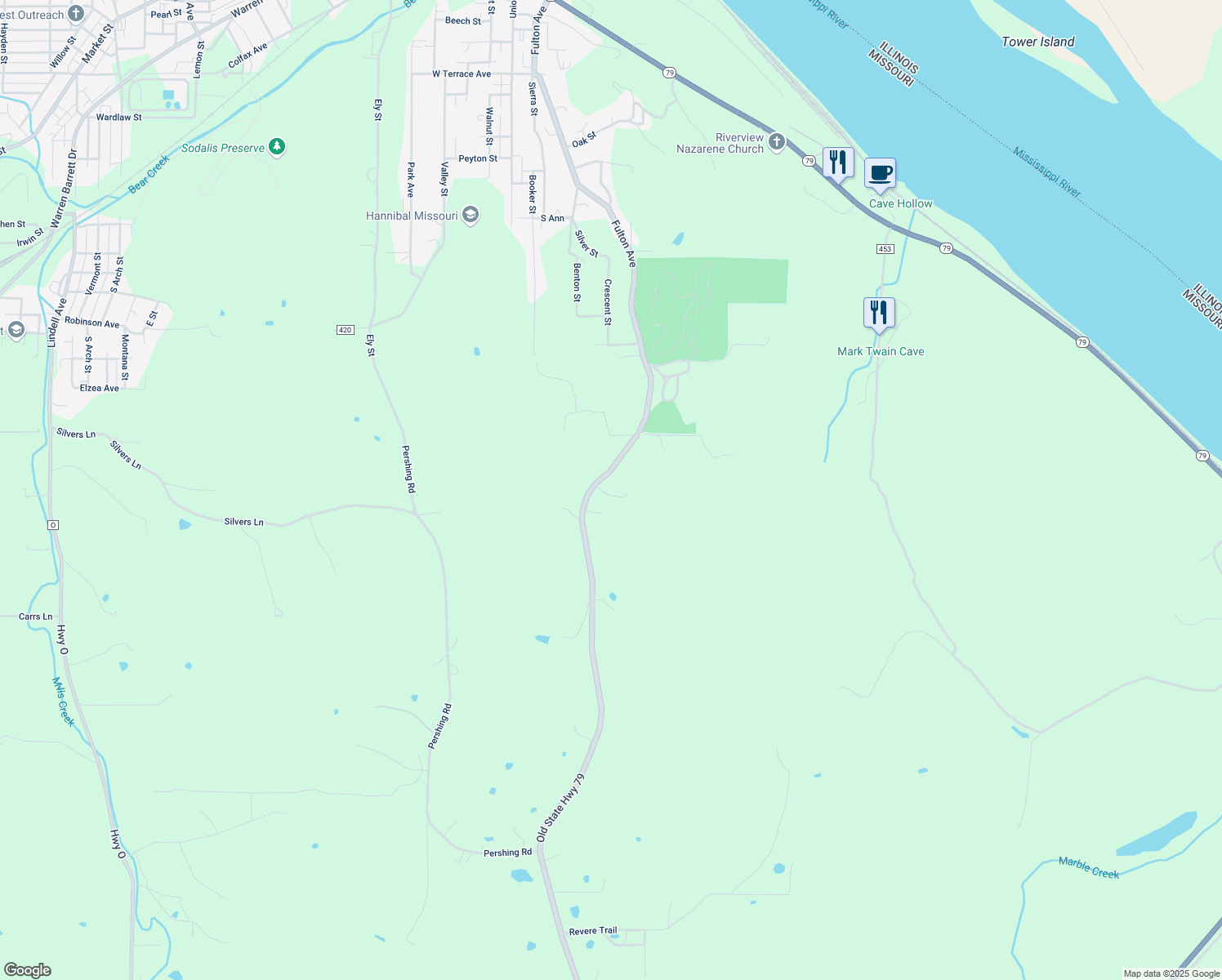map of restaurants, bars, coffee shops, grocery stores, and more near 10132 Old 79 in Hannibal