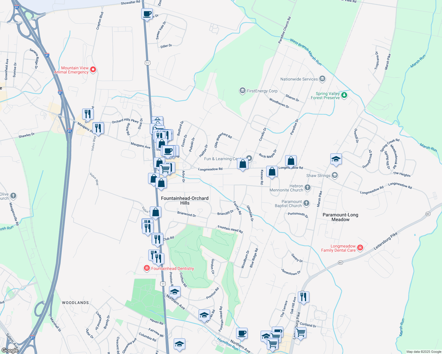 map of restaurants, bars, coffee shops, grocery stores, and more near 13324 Canterbury Drive in Hagerstown