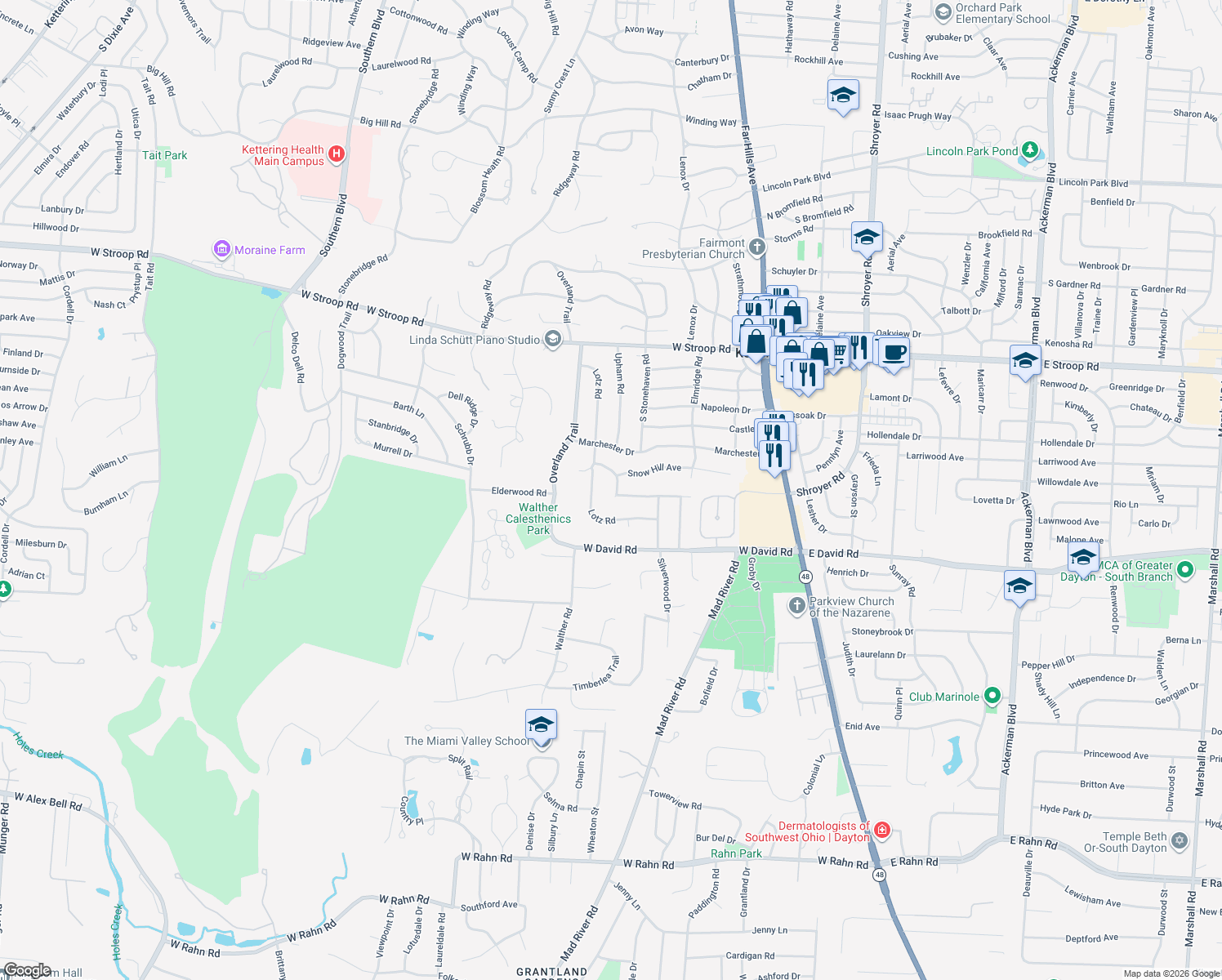 map of restaurants, bars, coffee shops, grocery stores, and more near 4411 Shadycrest Drive in Kettering