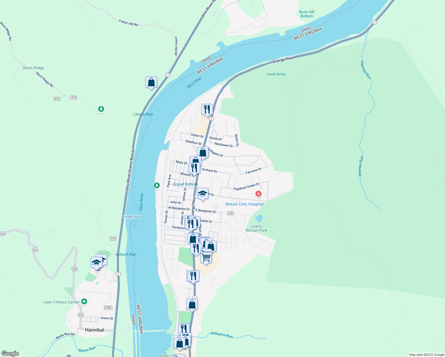 map of restaurants, bars, coffee shops, grocery stores, and more near 899 Meadow Dr in New Martinsville
