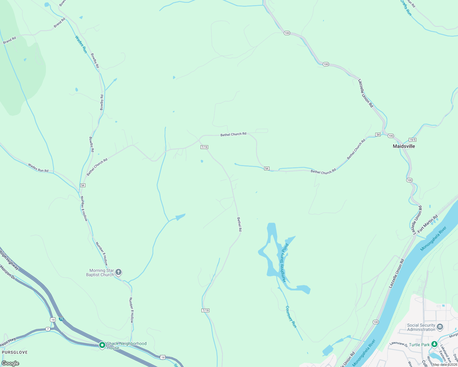 map of restaurants, bars, coffee shops, grocery stores, and more near Bethel Road in Morgantown