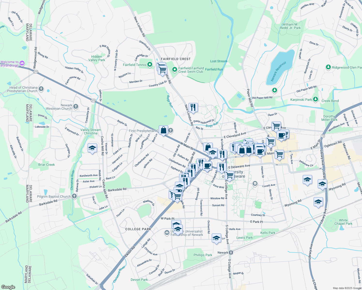 map of restaurants, bars, coffee shops, grocery stores, and more near 233 West Main Street in Newark