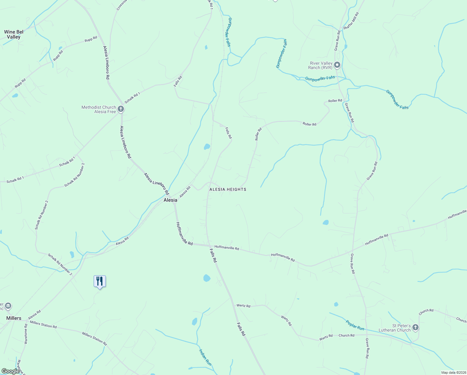 map of restaurants, bars, coffee shops, grocery stores, and more near 4918 Roller Road in Millers