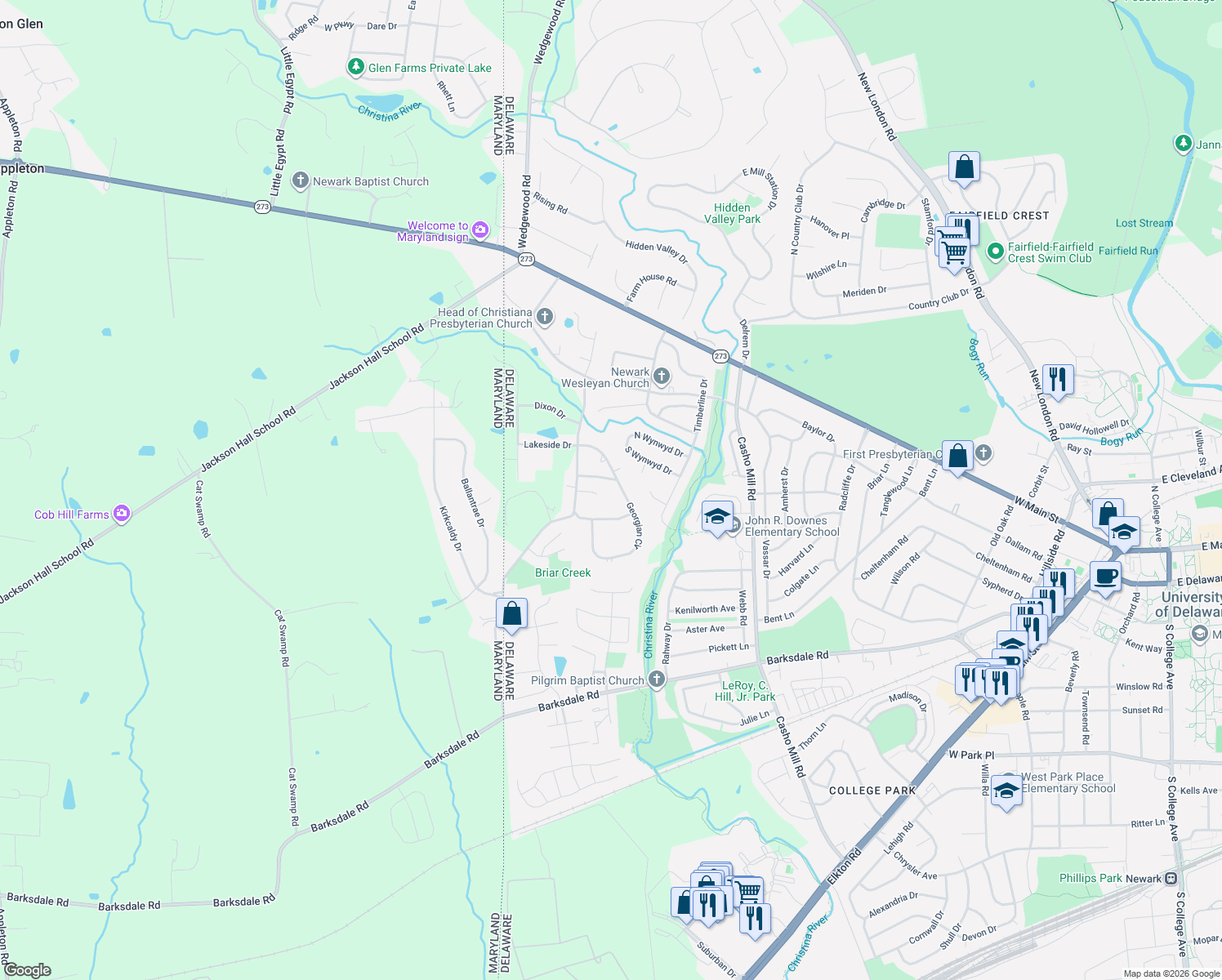 map of restaurants, bars, coffee shops, grocery stores, and more near 9 Georgian Circle in Newark