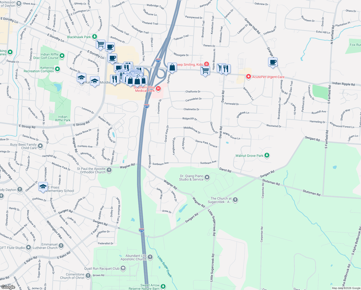 map of restaurants, bars, coffee shops, grocery stores, and more near 367 Vindale Dr in Dayton