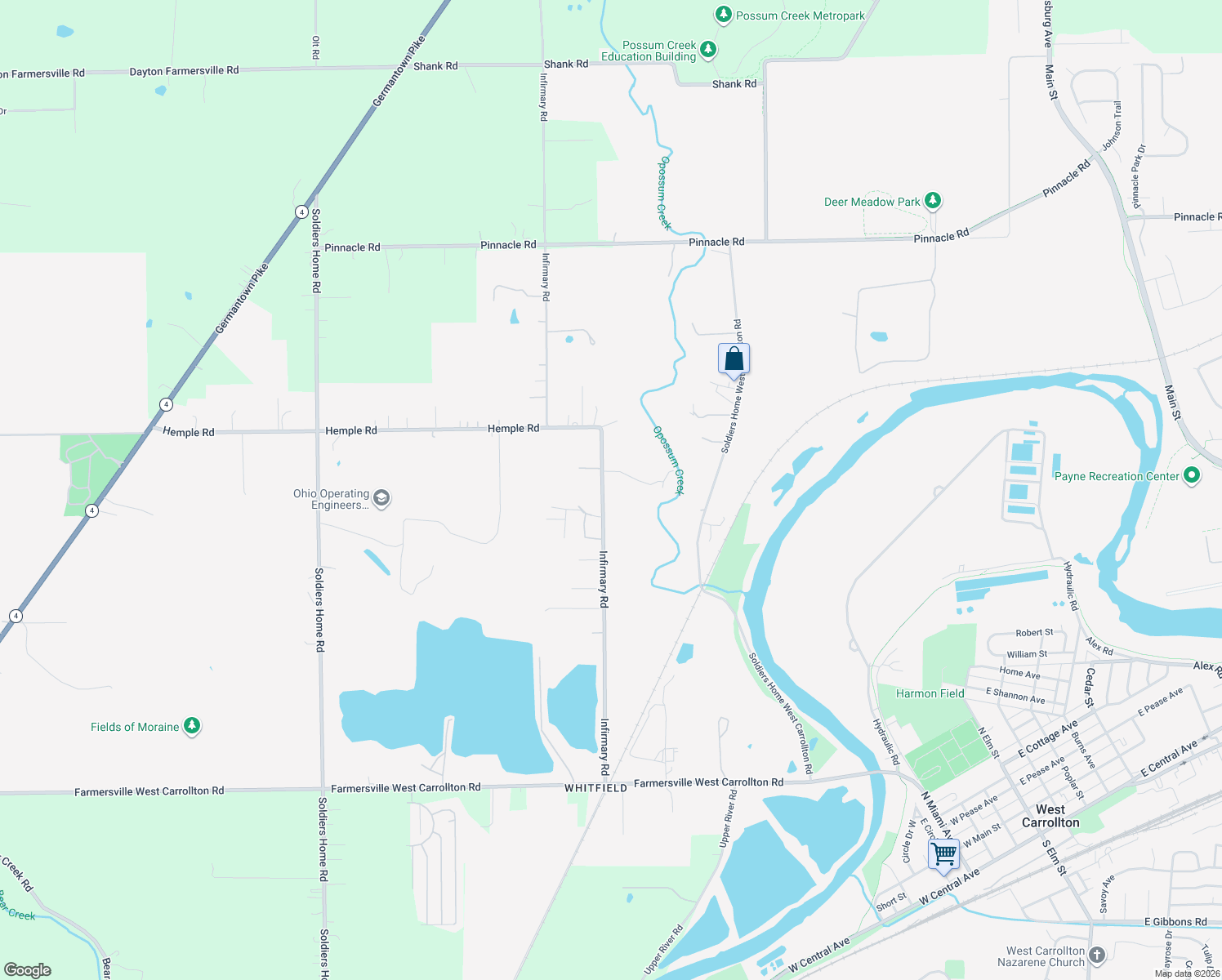 map of restaurants, bars, coffee shops, grocery stores, and more near 4172 Infirmary Road in Miamisburg