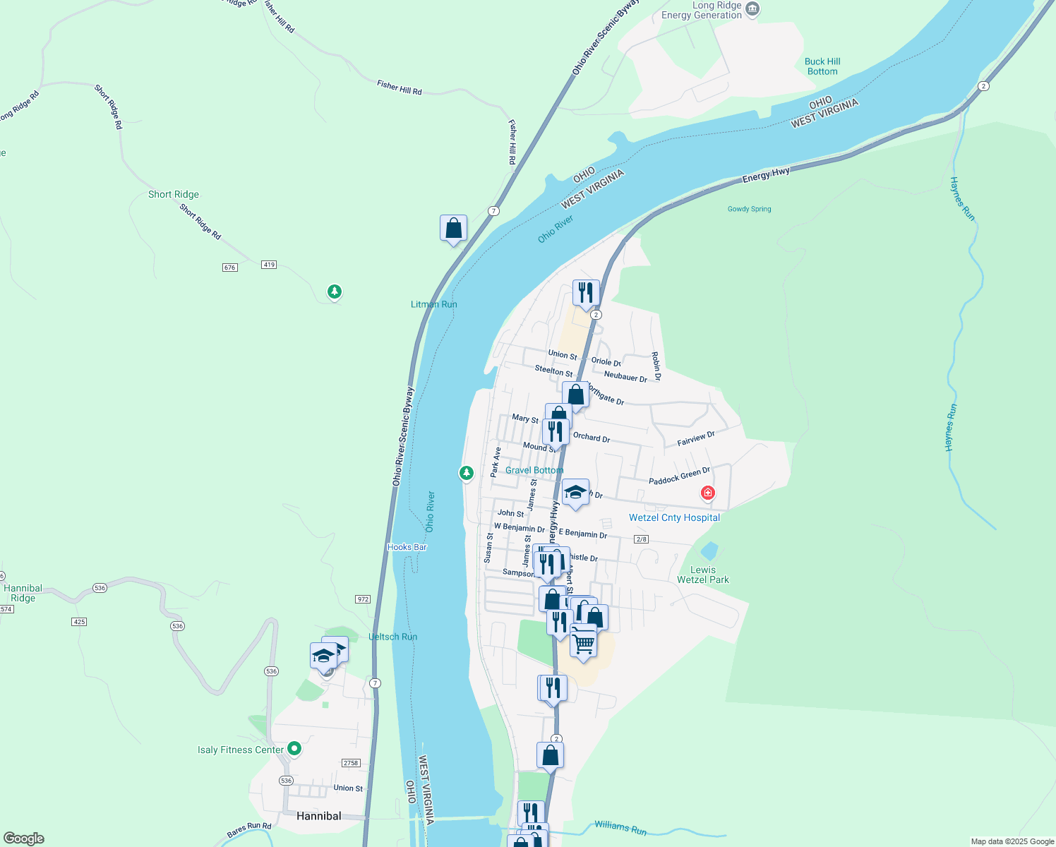 map of restaurants, bars, coffee shops, grocery stores, and more near 58 Mary St in New Martinsville