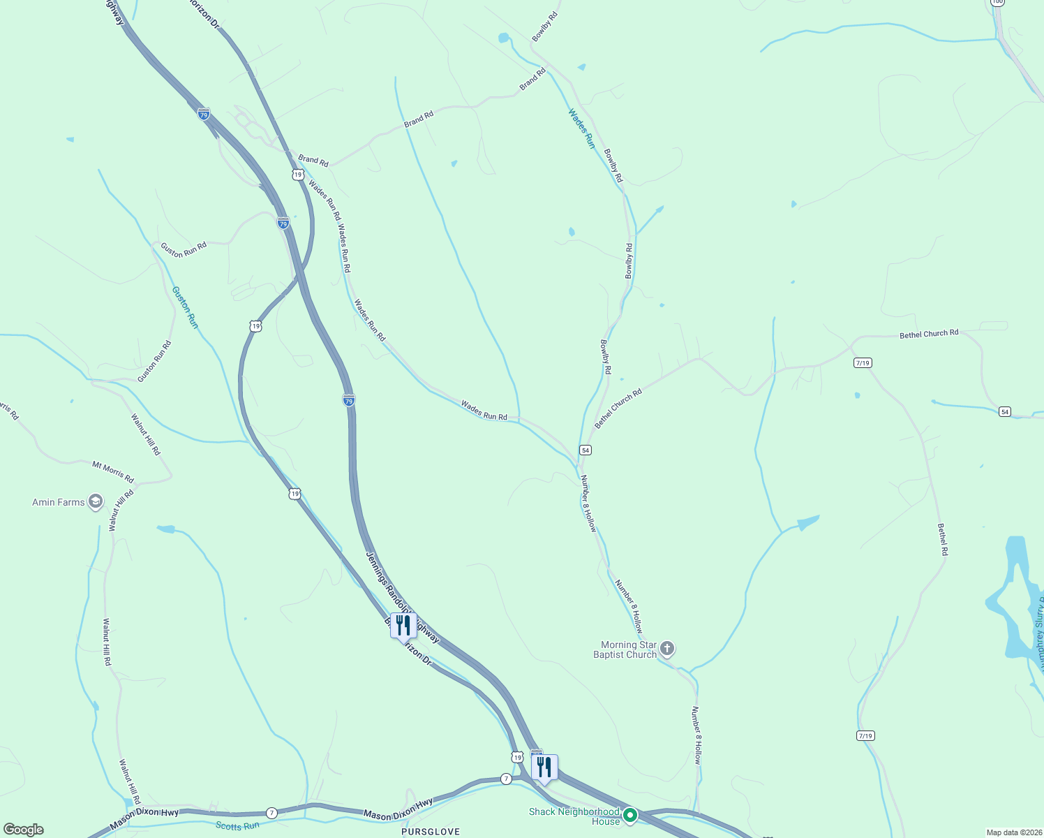 map of restaurants, bars, coffee shops, grocery stores, and more near 200-498 Wades Run Road in Morgantown