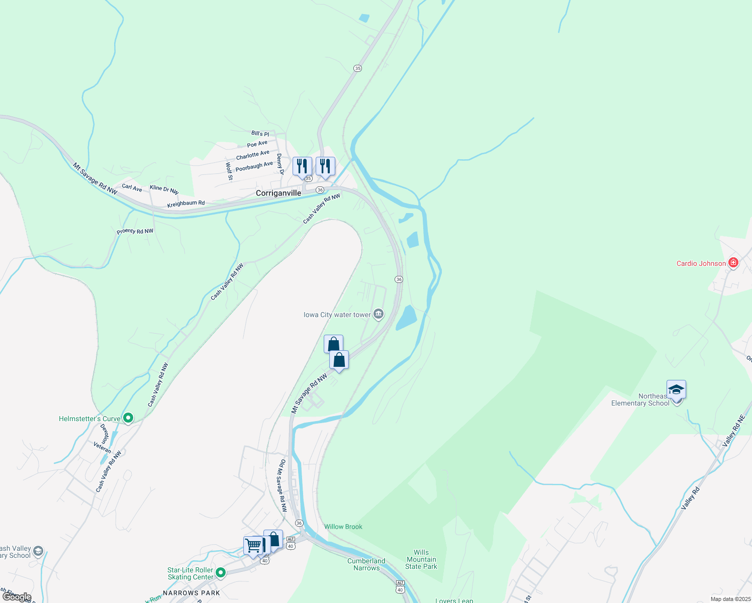 map of restaurants, bars, coffee shops, grocery stores, and more near 11906 Homewood Street Northwest in Cumberland