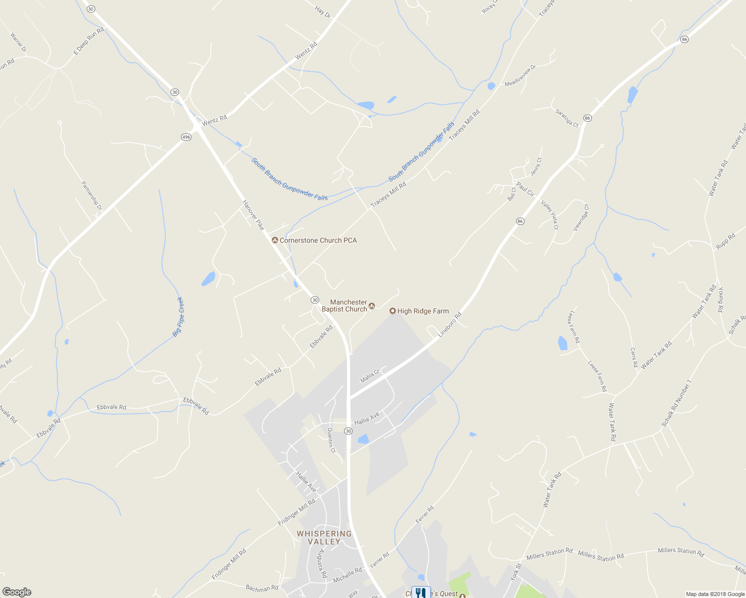 map of restaurants, bars, coffee shops, grocery stores, and more near 2952 Manchester Baptist Church Road in Manchester