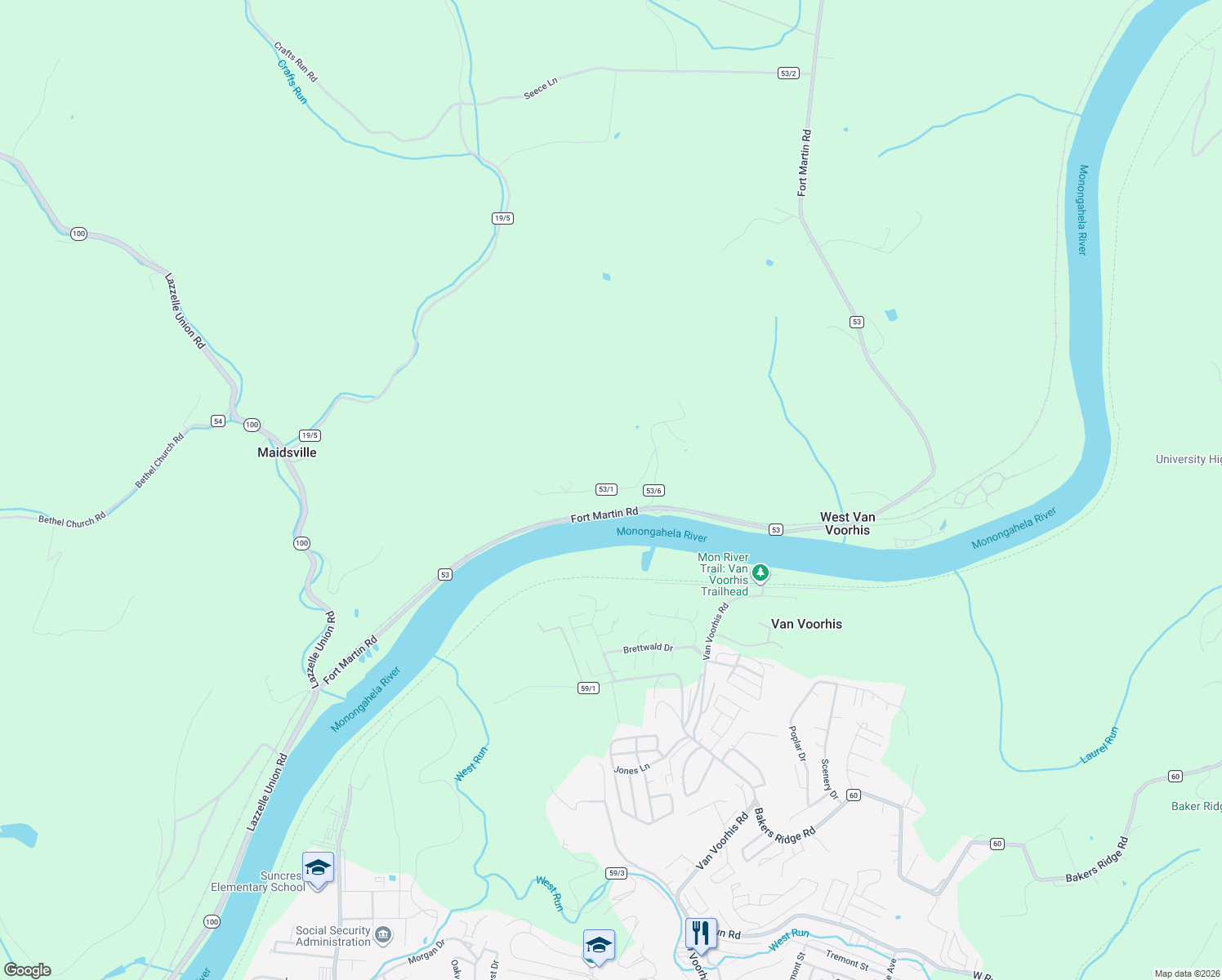 map of restaurants, bars, coffee shops, grocery stores, and more near Rosedale Hill in Maidsville
