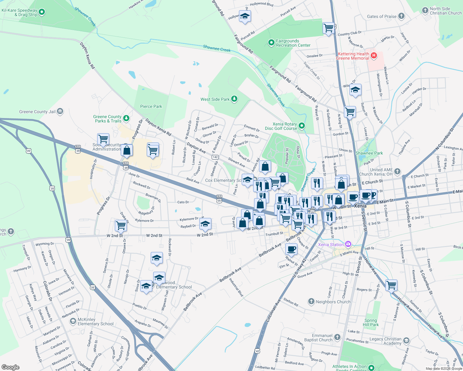 map of restaurants, bars, coffee shops, grocery stores, and more near 127 Franklin Avenue in Xenia