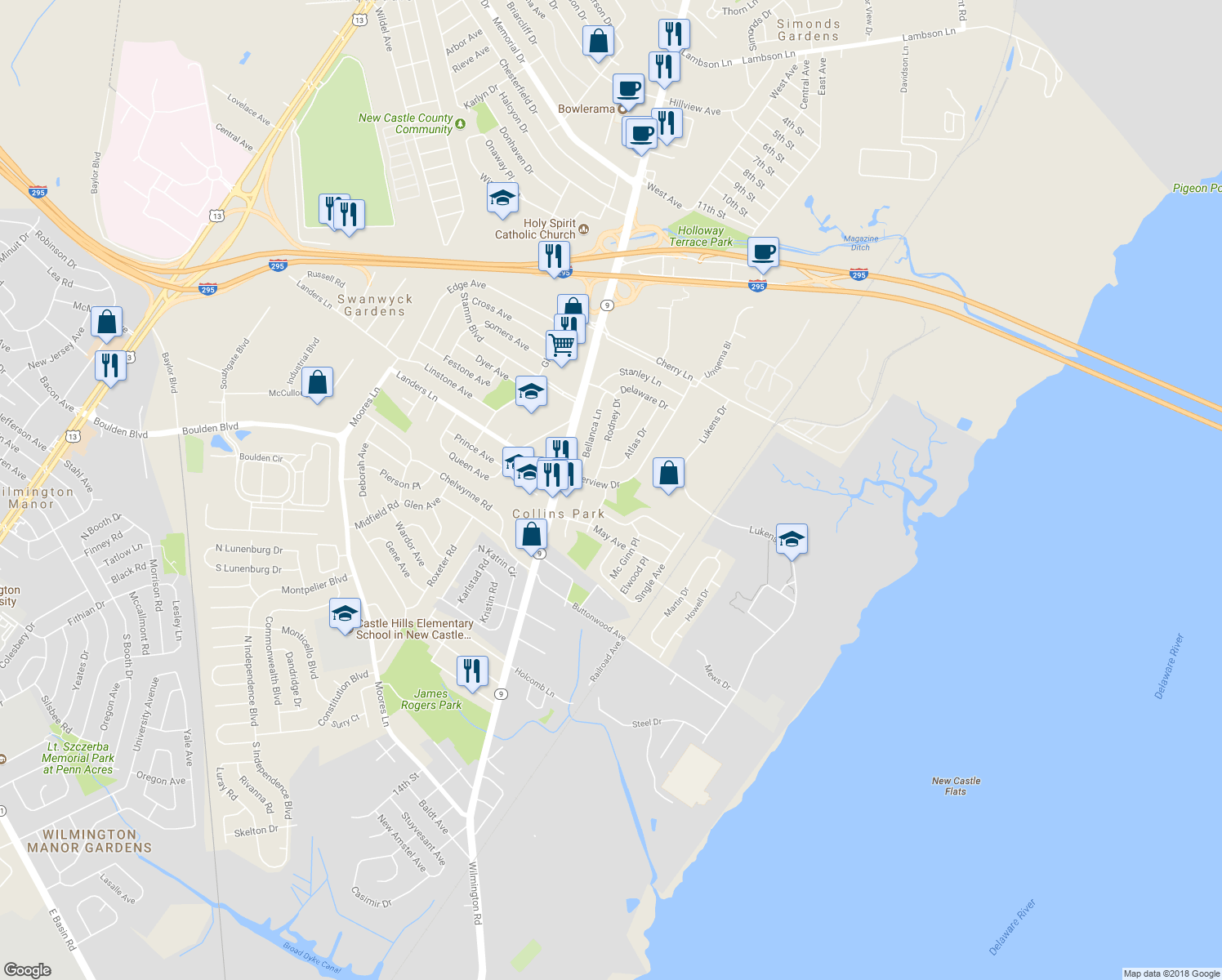 map of restaurants, bars, coffee shops, grocery stores, and more near 172 Riverview Drive in New Castle