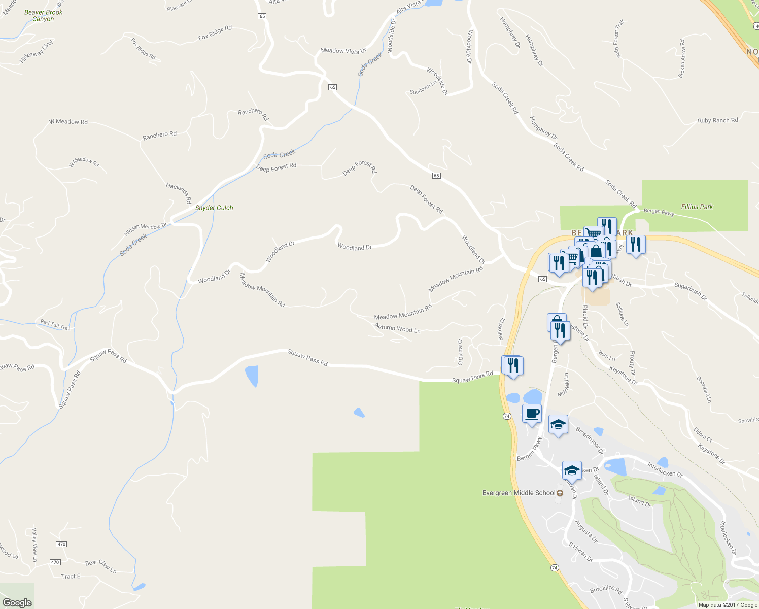 map of restaurants, bars, coffee shops, grocery stores, and more near 33001 Meadow Mountain Road in Evergreen