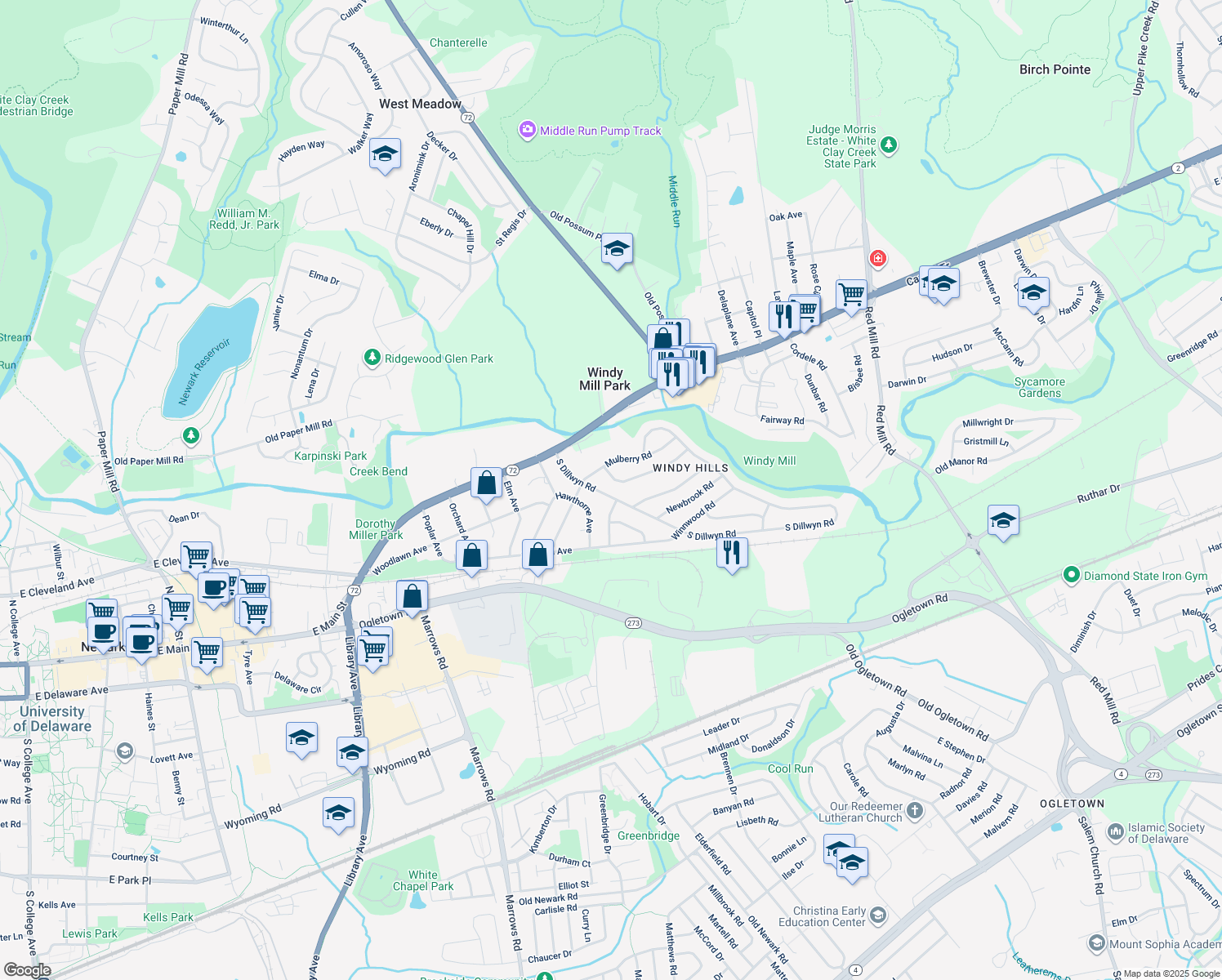 map of restaurants, bars, coffee shops, grocery stores, and more near 18 S Dillwyn Rd in Newark