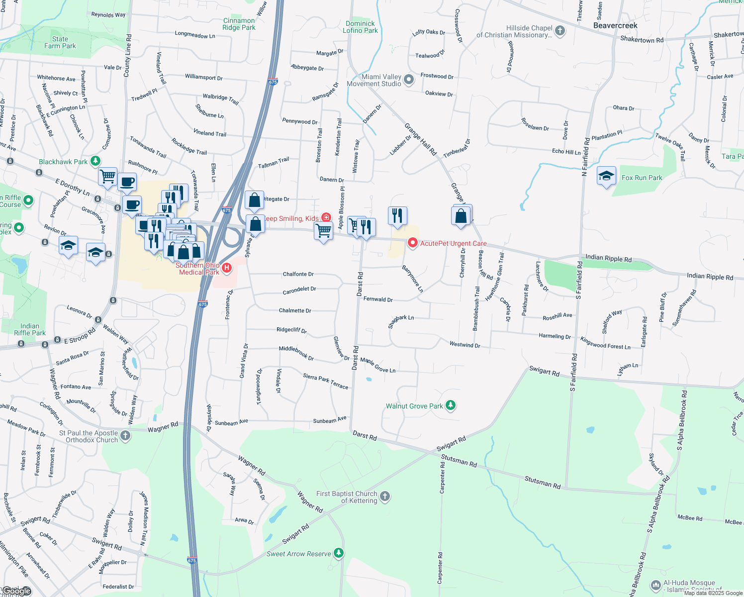 map of restaurants, bars, coffee shops, grocery stores, and more near 3968 Fernwald Drive in Beavercreek